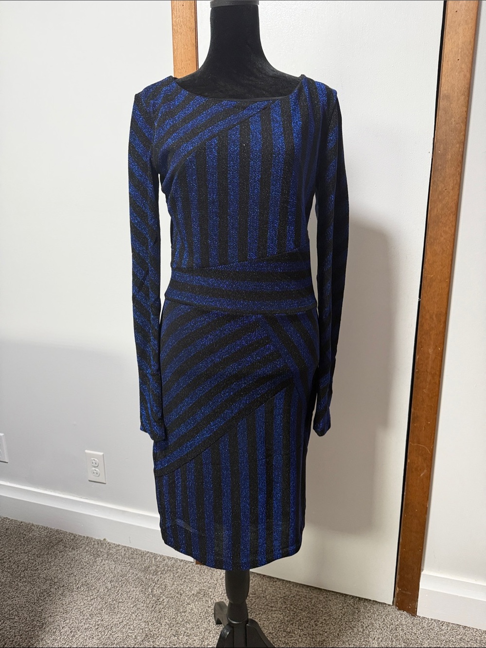 Sparkle LS Black and Blue Striped Sheath Dress